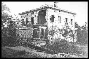 The Ponder House (sometimes erroneously referred to as the "Potter House") , blasted by Union artillery after Confederate sharpshooters nested in the upper story.