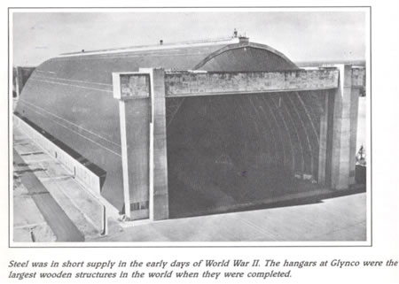 Steel was in short supply in the early days of World War II. The hangars at Glynco were the largest wooden structures in the world when they were completed.