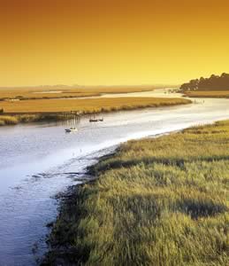 Productive marshes and tidal creeks front the western sides of Georgia's Barrier Islands. Photo by Richard T. Bryant. Email richard_t_bryant@mindspring.com.