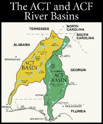 The “water wars” being fought among Alabama, Georgia, and Florida authorities focus on who controls the water in the ACT (Alabama, Coosa, and Tallapoosa rivers) and ACF (Apalachicola, Chattahoochee, and Flint rivers) watersheds. A competing array of water consumers has placed demands on the resource. In the ACF, metropolitan Atlanta residents use the Chattahoochee River for drinking water, washing cars, watering lawns, and flushing sewage downstream. Many industries rely on the rivers as water sources as do farmers in southwest Georgia who irrigate their crops by pumping water from underground aquifers that are fed by the ACF watershed. A multimillion-dollar fishing industry in Florida is dependent on regular, seasonal flows of freshwater into the Bay of Apalachicola. Click here for a zoomable, flash-based map (requires flash plugin.)