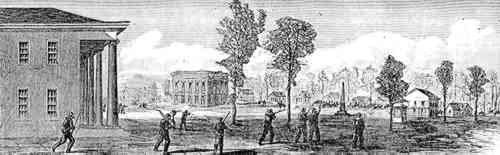 Union infantry enter town next to the Masonic building in Sandersville.