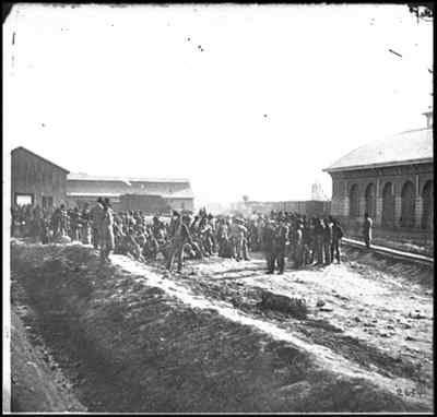 Confederate prisoners at the railroad depot in Chattanooga.