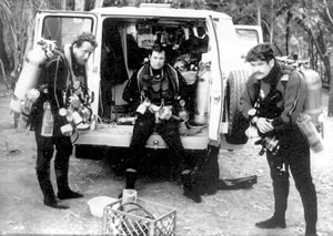 Left to right: Dan Lenihan, DeLoach, and Sheck Exley prepare for a dive at Naciemento del Rio Choy. Photo Courtesy of Dan  Lenihan.