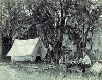 Francis Harper, right, with Jean and Molly Harper at his camp on Chesser Island, July 23, 1931.