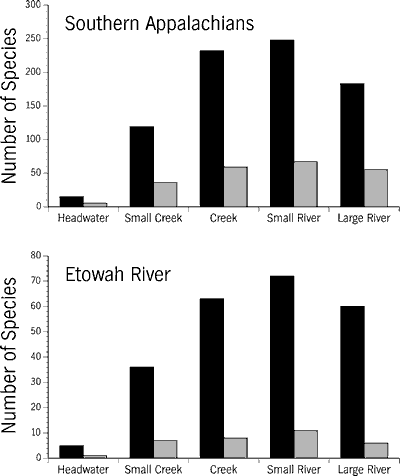 Figure 11. Frequency distribution of southern Appalachian and Etowah River fishes by habitat size; black bars = non-imperiled fishes, gray bars = imperiled fishes.