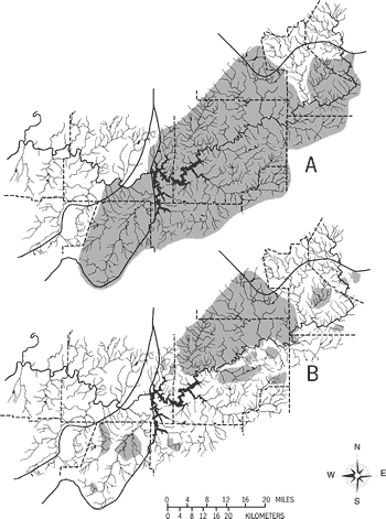 Figure 12. Range fragmentation ofthe Cherokee darter: A = hypothesized historical rangeprior to ca. 1830; B = fragmentation of present range based on extant populations sampled through 1992 (several recently discovered tributary populations within this range are omitted).