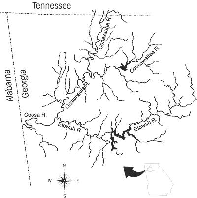 Figure 2. The upper Coosa River system of north Georgia and its major headwater tributaries.