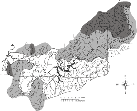 Figure 21. Ecological restoration priority areas of the Etowah River watershed. Heavy shading = areas with high faunal diversity and/or endemism, and lowest existing threats; light shading = areas of moderate faunal diversity and moderate existing threats; unshaded = areas of lowest faunal diversity and greatest habitat loss and degradation.