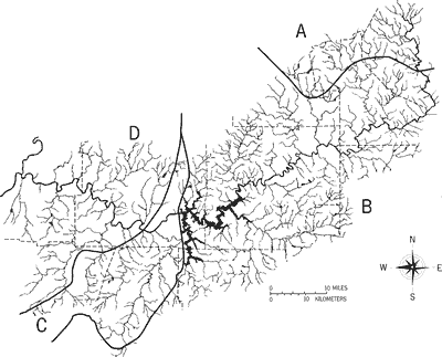 Figure 3. The Etowah River system: county boundaries depicted by dashed lines; physiographic boundaries depicted by solid bold lines; A = Blue Ridge province; B = upland subsection of the Piedmont province; C = Talladega subsection of the Blue Ridge province; D = Great Valley subsection of the Valley and Ridge province. The large impoundment in the center of the system is Allatoona Reservoir.