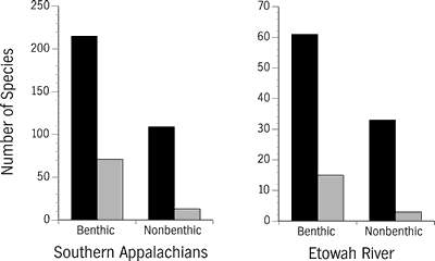 Figure 9. Benthic orientation of non-imperiled (black bars) versus imperiled (gray bars) fishes of southern Appalachia and the Etowah River. Numbers are averages of spawning, feeding, and sheltering activities for benthic versus non-benthic attributes.
