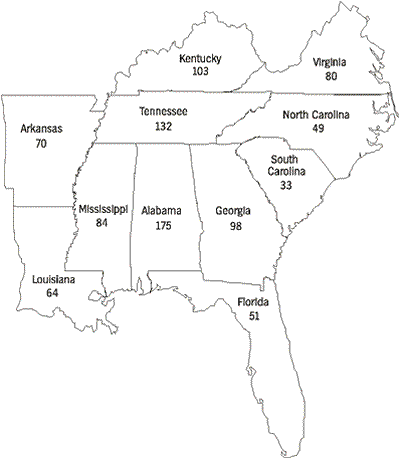 Figure 1: Number of freshwater mussel species in the eleven southeastern states.
