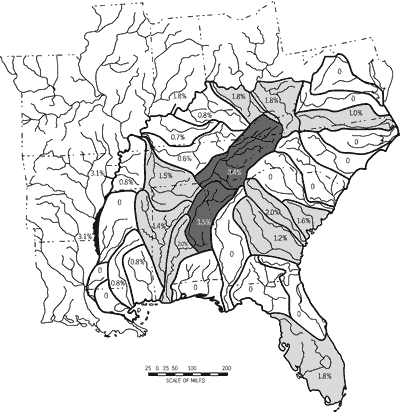 Figure 7. Percent increase in fish imperilment in 33 drainage units of the United States between 1979 and 1989 (see Deacon et al., 1979; Williams et al., 1989). Dark to light shading indicates highest to lowest increases in imperilment.