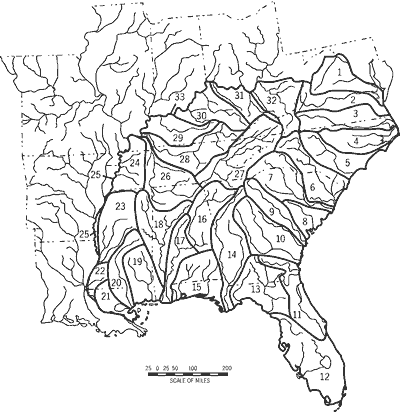 Figure 2. Drainage units within the southeastern United States. Numbers reference drainage unit names and delimitations set forth in Table 1 above.