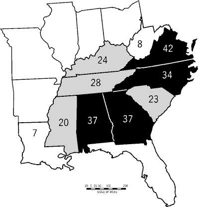 Figure 3. Stream-type diversity (number ofstream types) in eleven southeastern states. Dark to light shading indicates highest to lowest levels of diversity.