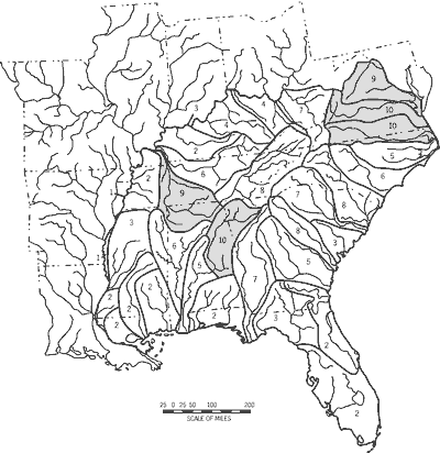 Figure 8. Stream-type diversity (number of stream types) of 33 drainage units in the southeastern United States. Dark to light shading indicates highest to lowest levels of stream-type diversity.