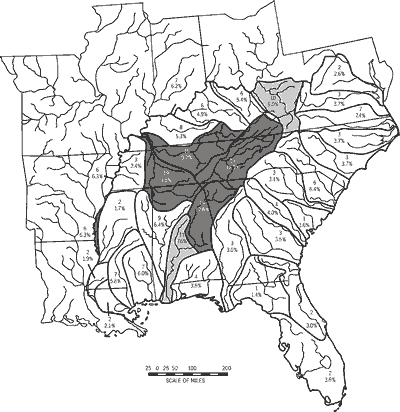 Figure 6. Total number of imperiled fish taxa (upper values) and percent of imperiled fish taxa (lower values) in 33 drainage units of the southeastern United States. Imperiled fishes are those included in American Fisheries Society conservation status categories (see Williams et al., 1989). Dark to light shading indicated highest to lowest levels of imperilment.