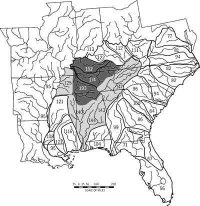 Figure 4. Native fish taxa richness (i.e., number of taxa) in 33 drainage units of the southeastern United States. Dark to light shading indicates highest to lowest levels of richness.