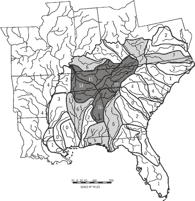 Figure 5. Numbers of unique fish taxa in 33 drainage units of the southeastern United States. Dark to light shading indicates highest to lowest levels of unique taxa.