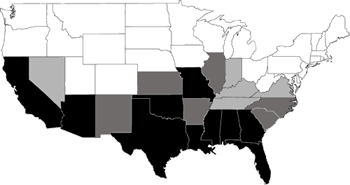 Figure 1. Numerical abundance of all native reptile species by state across the lower continental United States. Black = 70 or more species; dark gray = 60-69 species; light gray = 50-59 species; white = less than 50 species.