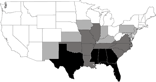Figure 2. Numerical abundance of aquatic reptiles species by state across the lower continental United States. Black = 35 or more species; dark gray = 25-34 species; light gray = 15-24 species; white = less than 15 species.